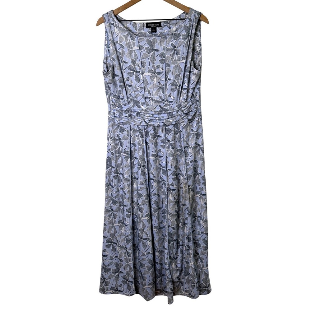 Perceptions Womens Floral Ginkgo Leaf Empire Waist Midi Dress Size L Blue Party